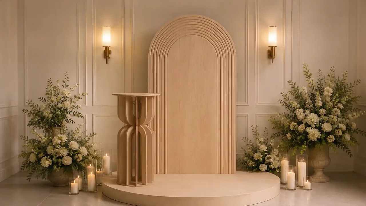 Styled design render of a wood arched wedding welcome display with flowers and candles